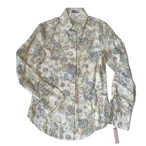 60s 70s Floral Blouse Button Up Down Vintage MidCentury 1960 1970 Pointy Collar